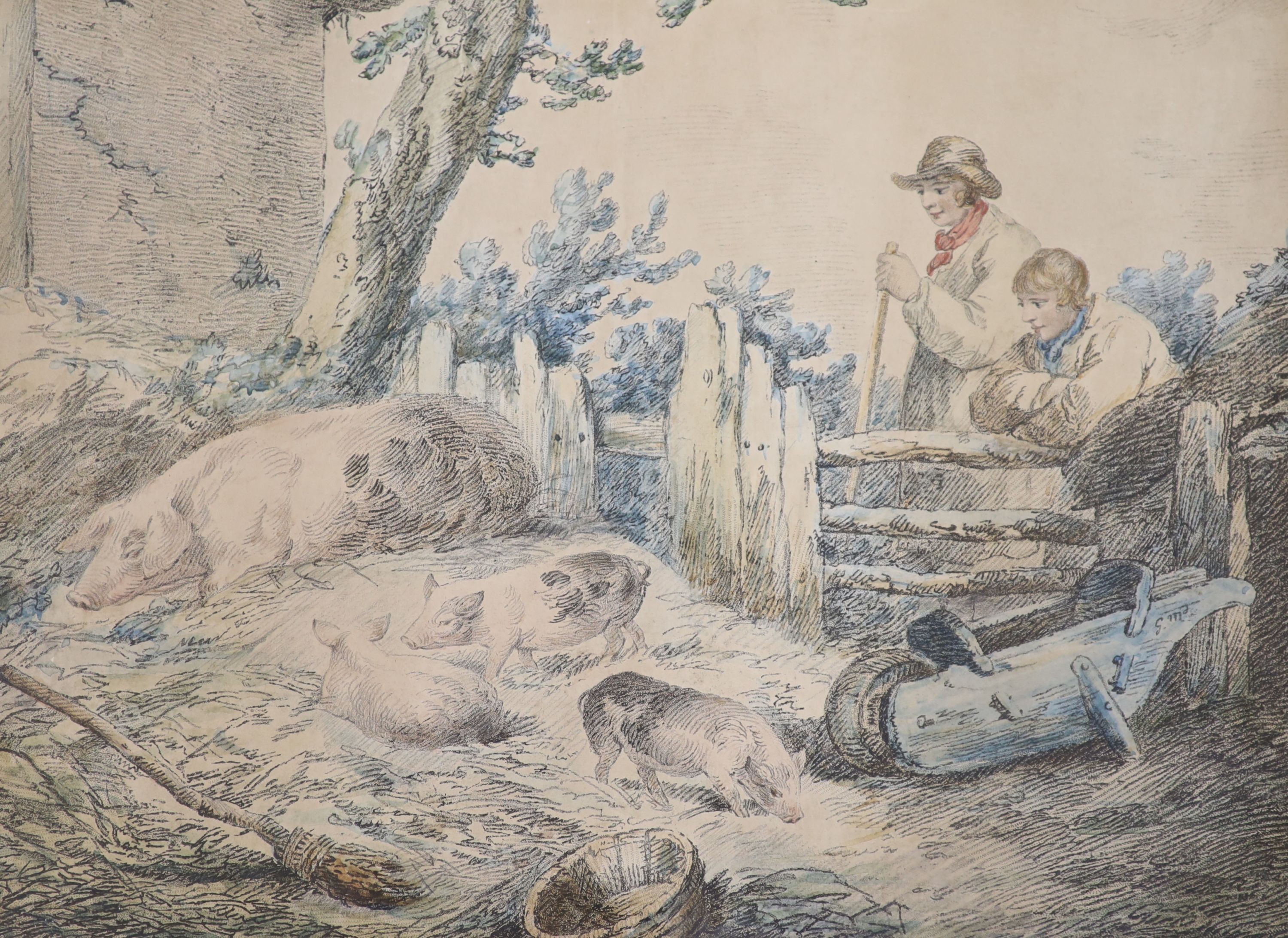 After Morland, pair of colour prints, Swine herds and Angler beside a stream, 31 x 42cm